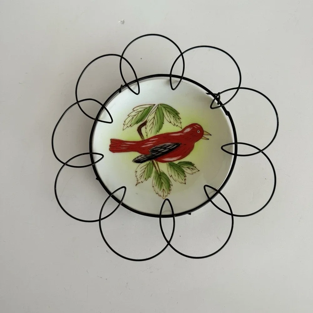 Vintage Bird Plate Red Songbird on Leaves in Wire Loop Wall Hanging